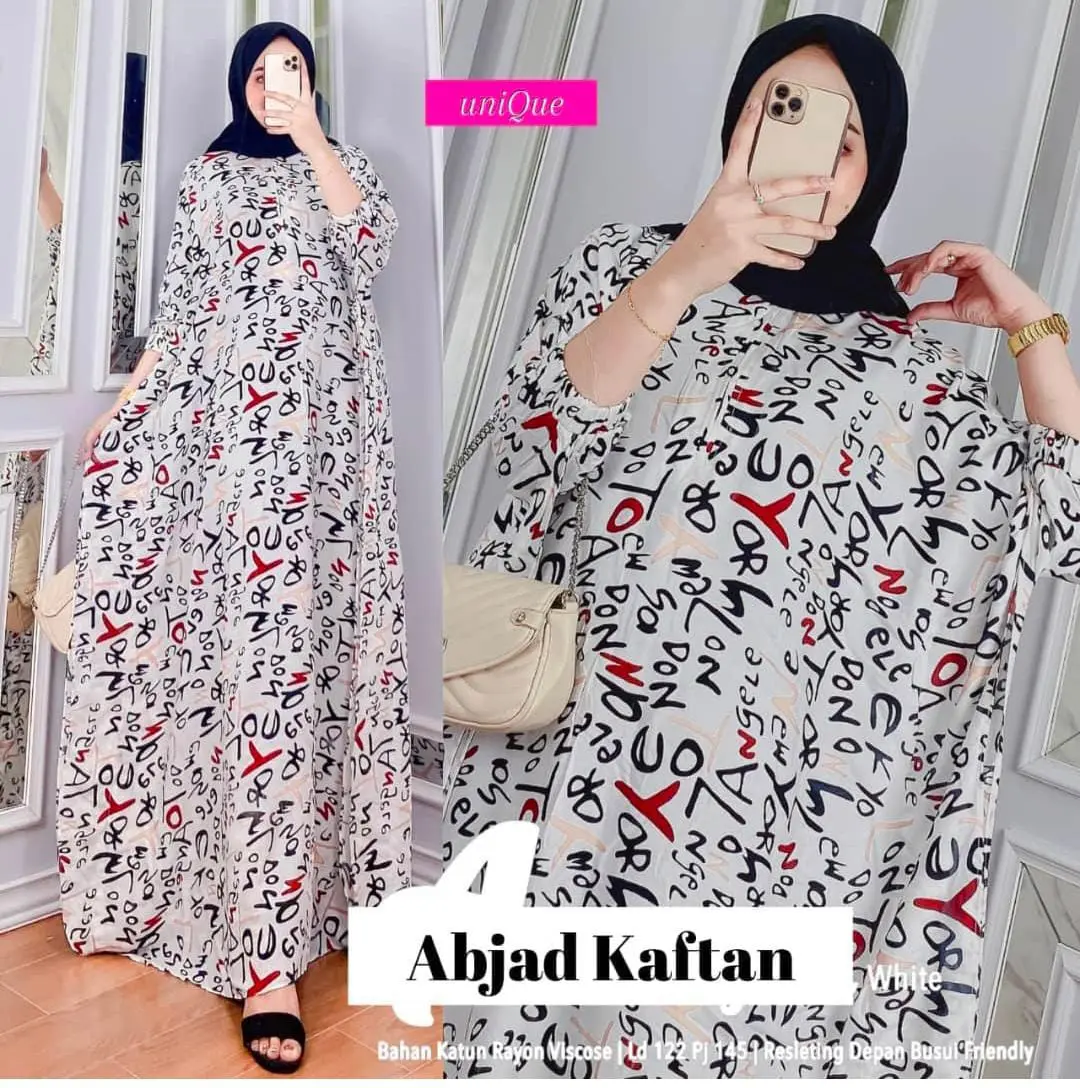 Kaftan Rayon - Abjad Kaftan Batik Motif Kekinian Size Jumbo XXXXL Busui Lengan Panjang Rayon Premium Gamis
