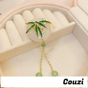 [Couzi]Bros bambu rumbai emas peniti gesper pengaman wanita bros manik daun bambu untuk pelajar B1187