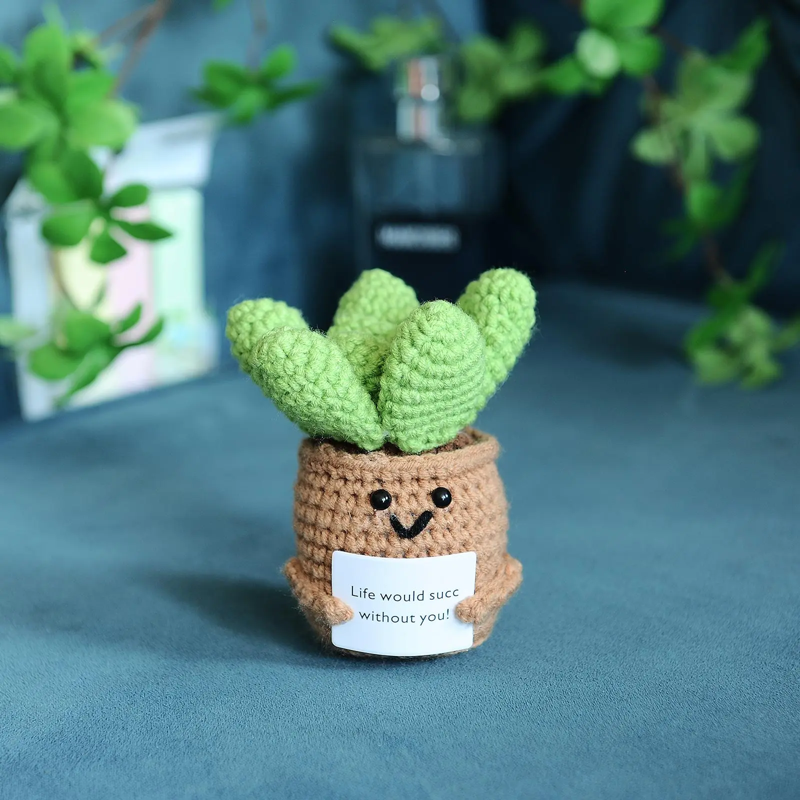 Cute Succulent Pot Design Crochet Decorations, Creative Mini Positive Potted Succulent Crochet Ornament, Home Decor for Living Room Bedroom Office