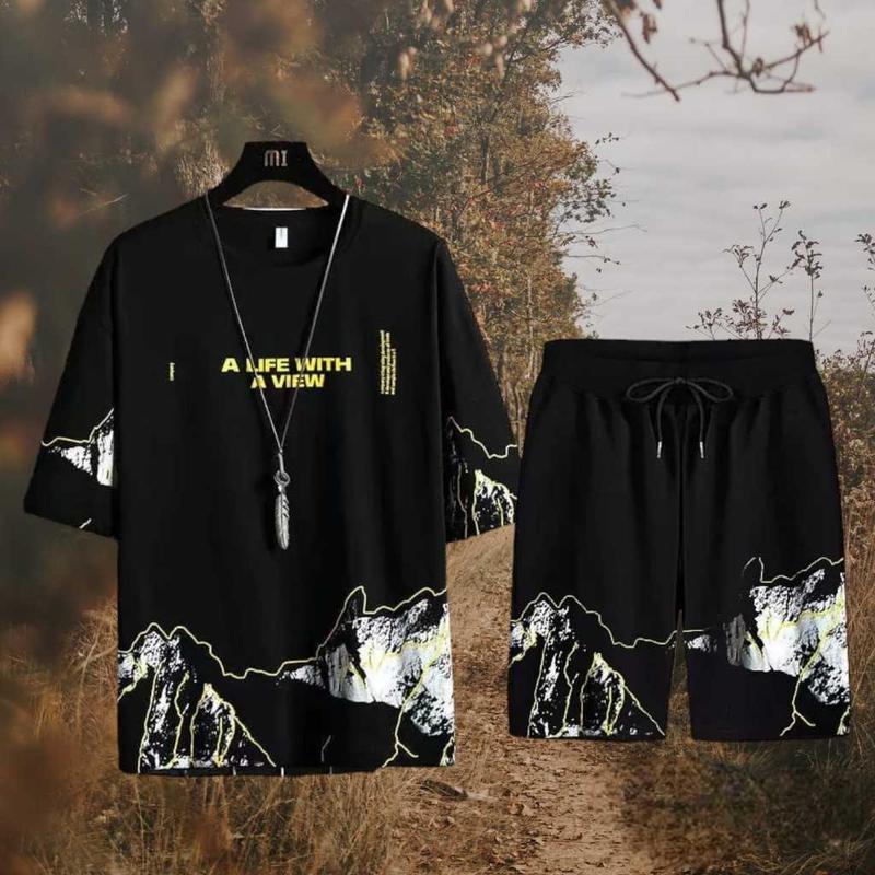 Setcel Kaos Lengan Pendek dan Celana Pendek STELAN VIEW Motif Sablon Premium keren  Setelan 1