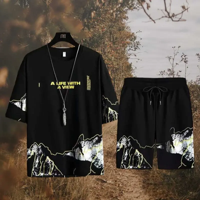 Setcel Kaos Lengan Pendek dan Celana Pendek STELAN VIEW Motif Sablon Premium keren  Setelan 1