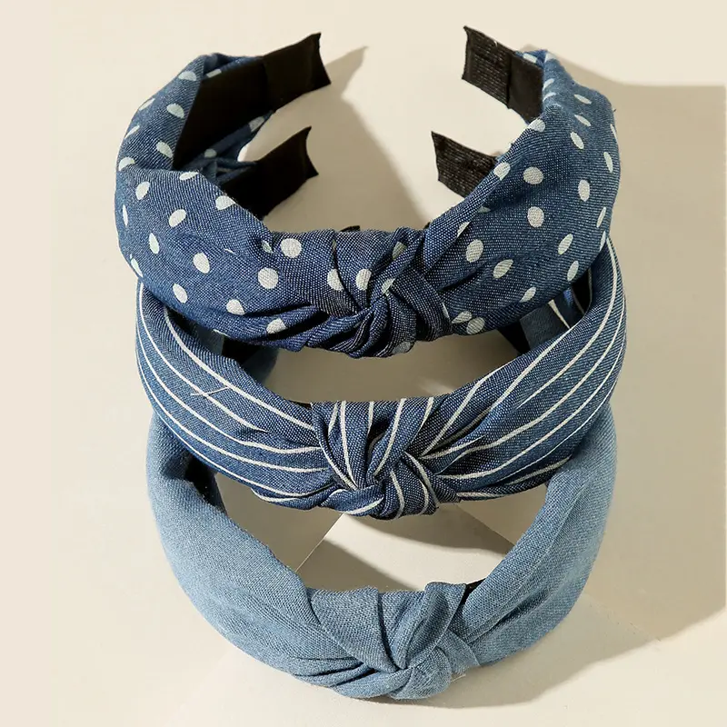 3pcs Denim Striped Dot Headband Women's Fashion Simple Blue Hair Accessories 4