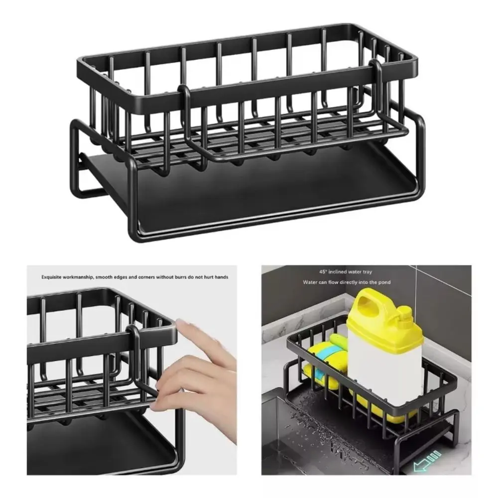 Convenient Space Saving Sponge Holder Rack Automatic Drainage Tray with Towel Rack Sink Sponge Holder Rust-proof Quick Dry Kitchen Sink Organizer Countertop