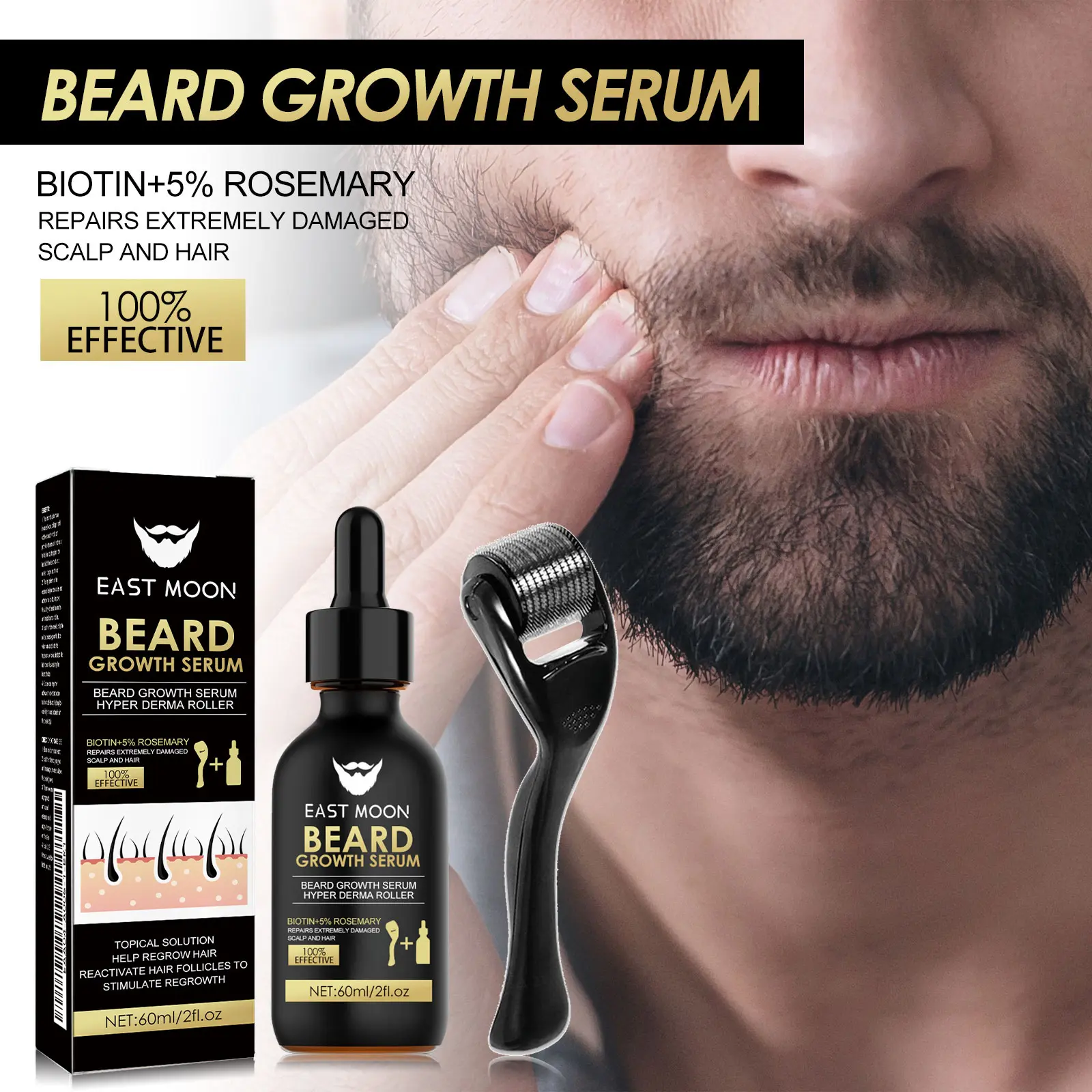 60ml East Moon Beard Thickening Essence Set Men's Facial Care Hair Thickening Nourishing Beard Treatment Oil