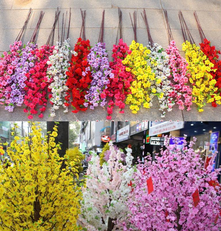 Sỉ Combo 10 Cành Hoa Mai Hoa Đào Giả Trang Trí Tết Decor Cây Hàng Đẹp 5 Nhánh Trang Trí Lễ Hội Năm Mới noel hoa đào bó