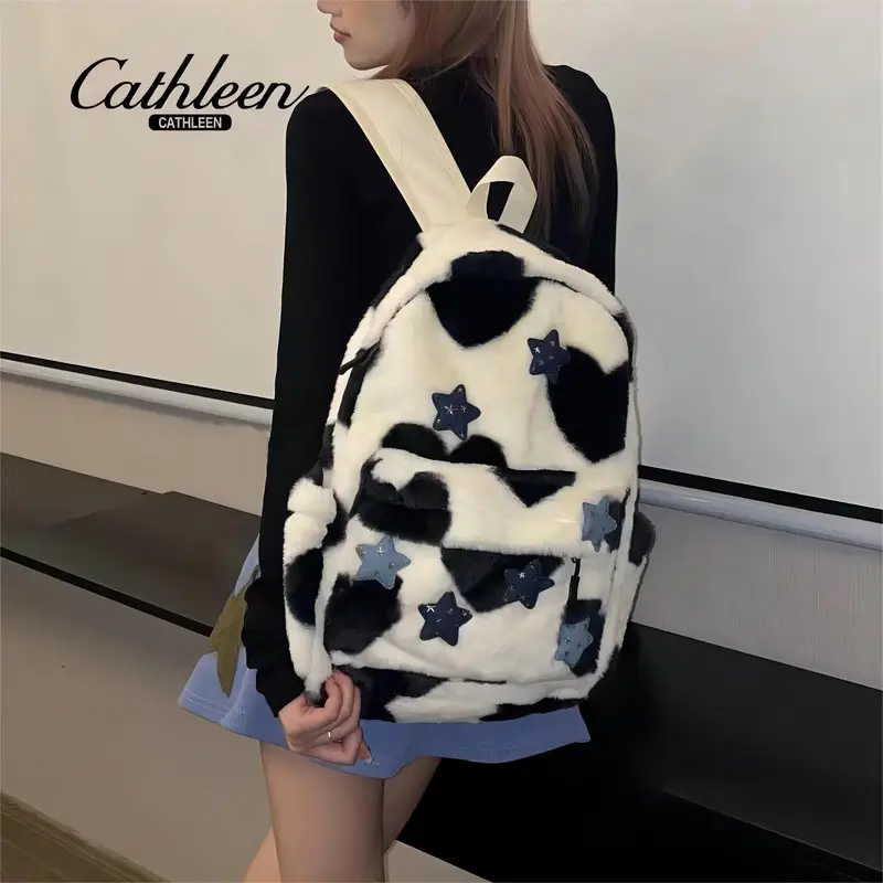 Tas ransel wanita import tas cewek sekolah kece Ransel Wanita Bintang Lima Milenial yang Menggemaskan dengan Desain Leopard Cocok untuk Mahasiswa Serba Guna Terbuat dari Bulu-Bulu Halus Gaya Niche dan Fleksibel Backpack tas ransel sekolah cewek QX152 1