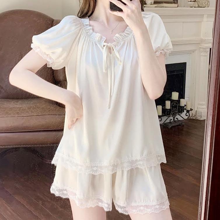 Bộ Đồ Ngủ, Áo Cổ Bèo Tay Ngắn Quần Ngắn Cho Nữ, Chất Liệu Lụa, Mền, Mịn Mát, TN02 Women Trắng macnha  set 1
