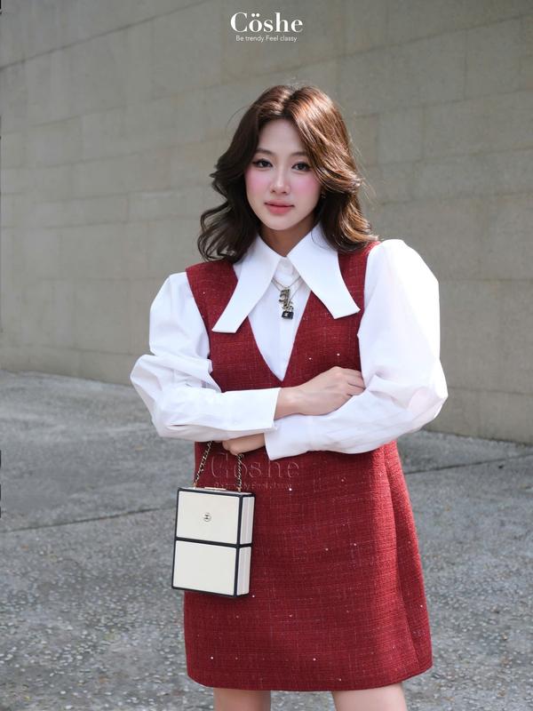 COSHE ROUGE DRESS or SHIRT áo sơ mi kết hợp đầm tweed sang trọng, thiết kế chất vải cao cấp