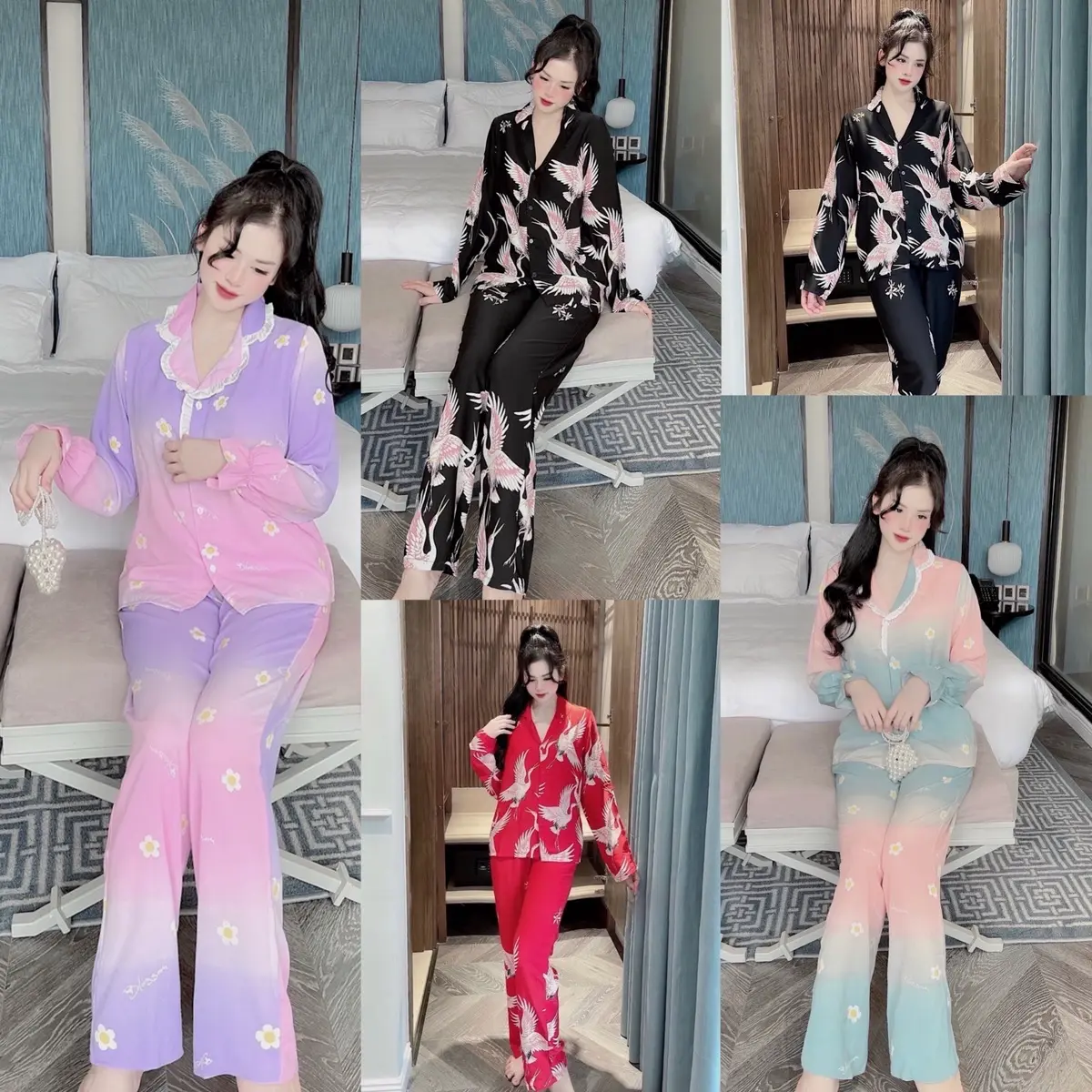 Bộ Mango Tay Dài Quần Dài Mẫu Thiết Kế Hạc Đen Đỏ Và Hoa Xanh Hoa Tím Nhẹ Nhàng Xinh Xinh Cho Nữ  Women  Top Áo Quần Ngủ Tim Giảm Giá Sale