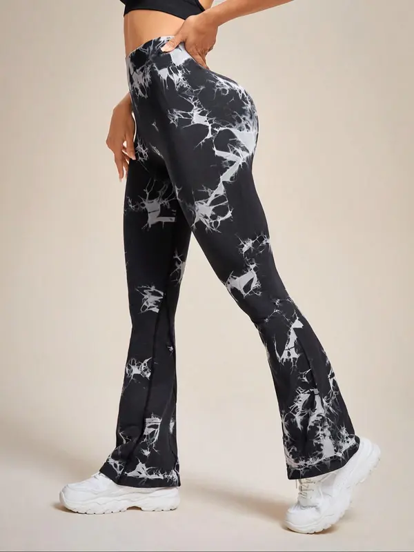 Women's Tie Dye Print High Waist Flare Leg Sports Leggings, Casual Comfy Breathable Bell Bottom Yoga Leggings, Ladies Sportswear for Indoor Outdoor Wear 1