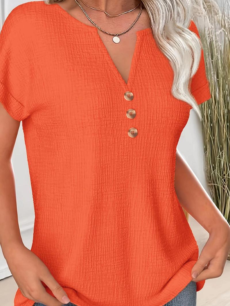 Product Introduction of Women's Plain Button Decor Tee, Casual Short Sleeve T-shirt for Daily Wear, Ladies Clothes for All Seasons 1