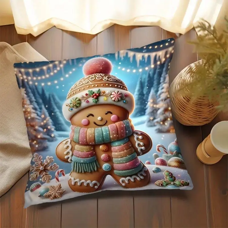 Cartoon Gingerbread Man Pattern Cushion Cover, 1 Count Square Throw Pillow Cover, Household Decoration Supplies for Home Living Room Sofa Bed 6