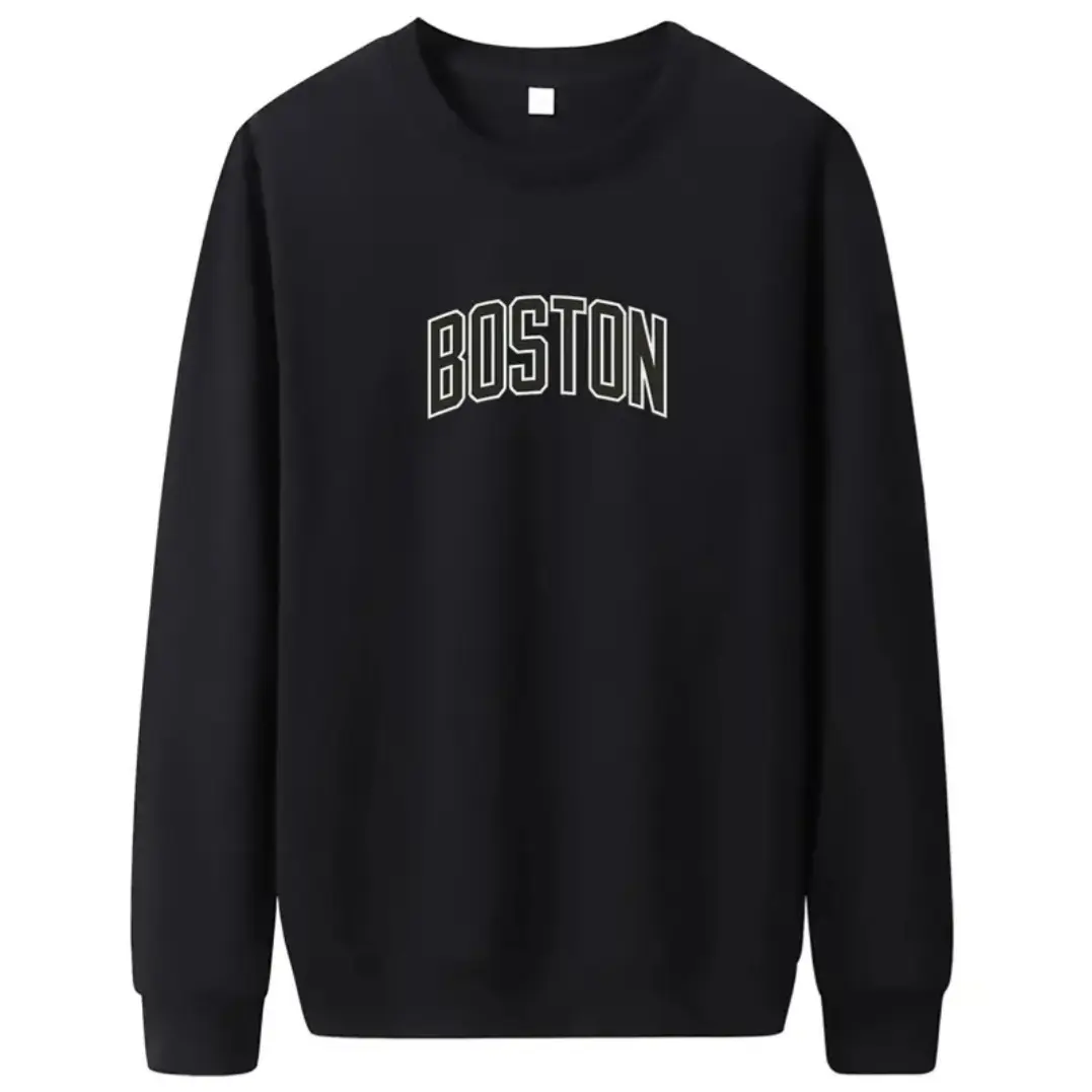 Sweater Crewneck BOSTON pria hitam putih abu Fleece Hoodie Panjang Distro Cowok Tebal Keren