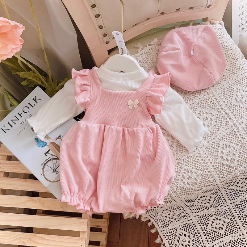 (Kèm Mũ Nồi) Set Bodychip Thu Đông Dài Tay Cho Bé Gái Từ Sơ Sinh 4-11kg Chất Len Nhung Hồng Kèm Áo Trắng