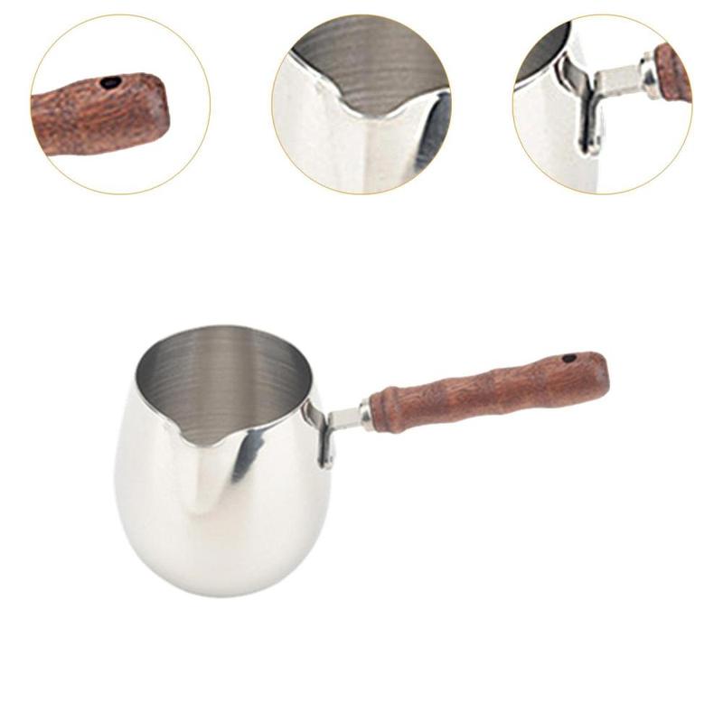 Product Introduction of Stainless Steel Milk Frothing Jug Wooden Handle for Cappuccino Latte Sturdy Heat Resistant Handle Versatile Butter Melting Pot 1