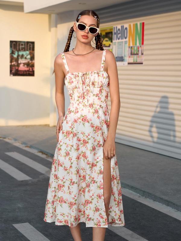 Parthea Off Shoulder Floral Print Boning Tie Front Back Crisscross Tie Up Splite Waist Milkmaid Skirt，Fashionable Summer Outfits for Parties and Vacations, Cami Dress 6