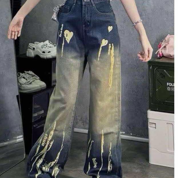 XẢ KHO 777-S-XXL Quần Jean Suông Màu Bụi In Hoạ Tiết Cá Tính Menswear Nữ ( dài quần 106cm) Pants Có Túi