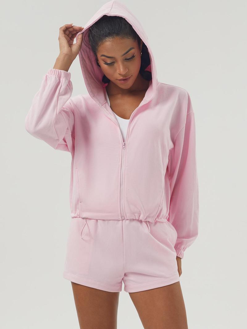 Product Introduction of Women's Solid Color Zip Up Hooded Sweatshirt & Drawstring Waist Shorts Sports Sweat Set, Casual Long Sleeve Zip Front Outerwear & Shorts, Ladies Sportswear for Indoor Outdoor Wear, Tracksuit 4