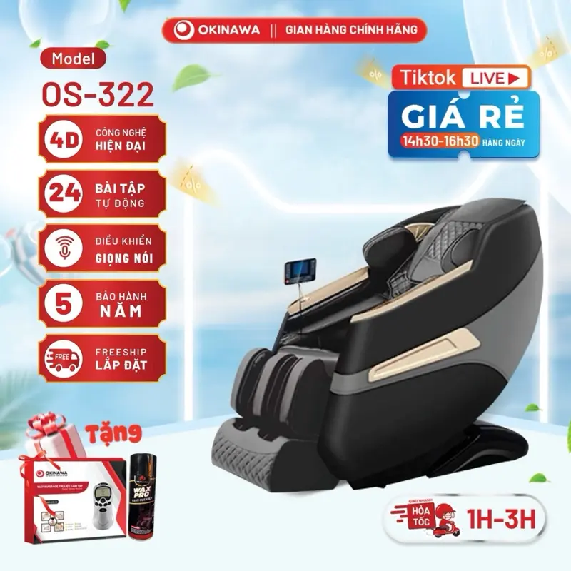 [Con lăn di chuyển 4D] Ghế massage trị liệu toàn thân OKINAWA OS-322, Bảo Hành 5 năm, 24 bài tập massage chuyên sâu