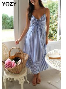 YOZY Women's Striped Print Cami Dress, Casual Long Dress for Summer, Ladies Clothes for Beach Holiday Vacation, Womenswear