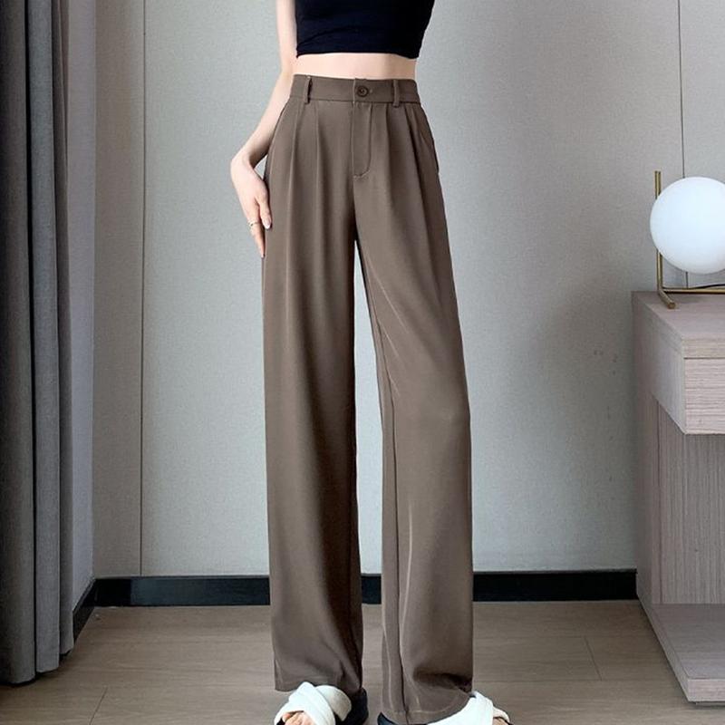 Women Suit Pants with Side Pockets High Waist Solid Color Wide Leg Commuter Pants Button Zipper Closure Loose Full Length Pants for Daily Wear Travel 1