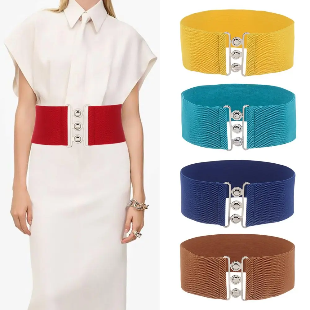 Women Casual Stretch Metal Buckle Waistband Waist Band Dress Cummerbands Wide Elastic Belt