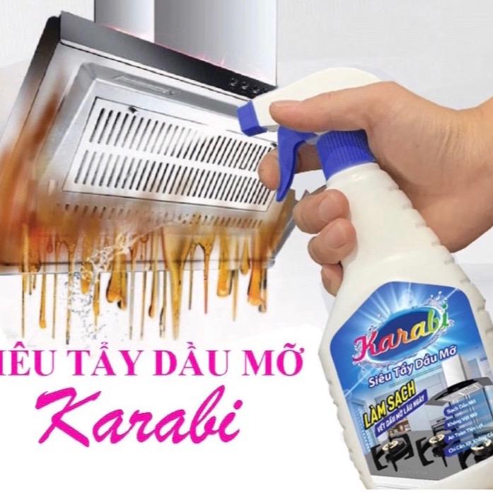  Tẩy dầu mỡ Karabi tẩy sạch dầu mỡ trên lưới lọc hút mùi bếp ga bếp từ   lò vi sóng tường.Dung tích chai 500ml có vòi xịt tiện dụng 
