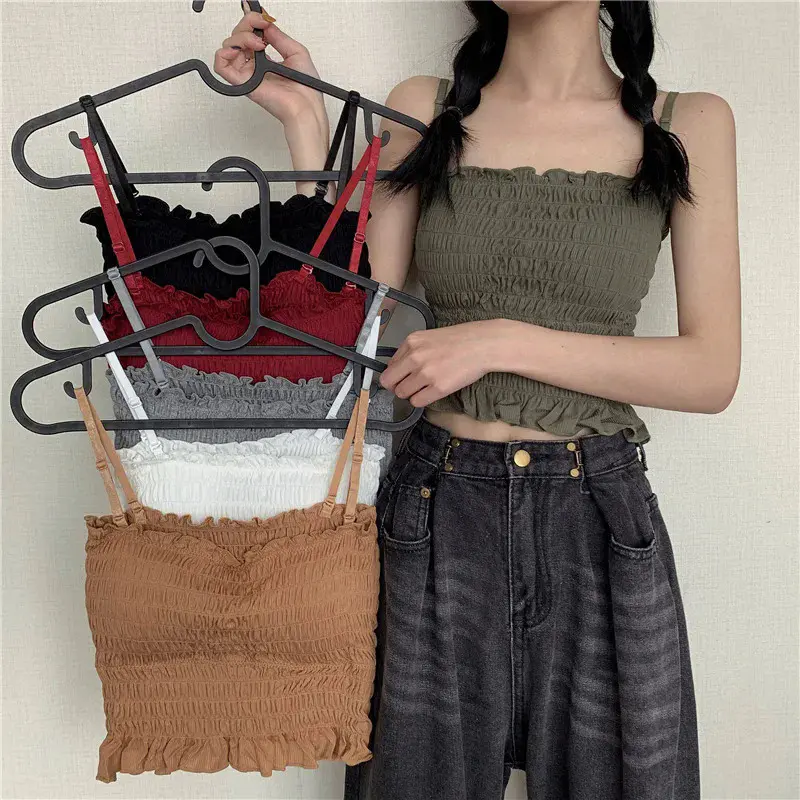 Áo Yếm Nhỏ Thiết Kế Xếp Ly Bằng Cotton Nguyên Chất, Có Đệm Ngực, Ngắn, Lưng Đẹp, Áo Ống Có Thể Mặc Ngoài Đồ Lót Áo Ống Nữ Top Women Ong Nhung Trắng