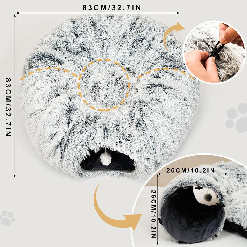 Winter Warm Pet Bed, 2 in 1 Foldable Cat Tunnel Cat Bed, Warm Plush Cat Bed with Hanging Ball & Tunnel Buckle, Pet Supplies for Kitty Indoor Outdoor Use, Cat Beds for Indoor Cats 1