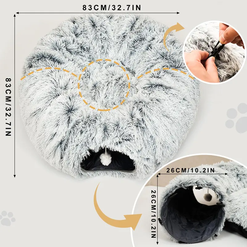 Winter Warm Pet Bed, 2 in 1 Foldable Cat Tunnel Cat Bed, Warm Plush Cat Bed with Hanging Ball & Tunnel Buckle, Pet Supplies for Kitty Indoor Outdoor Use, Cat Beds for Indoor Cats 1