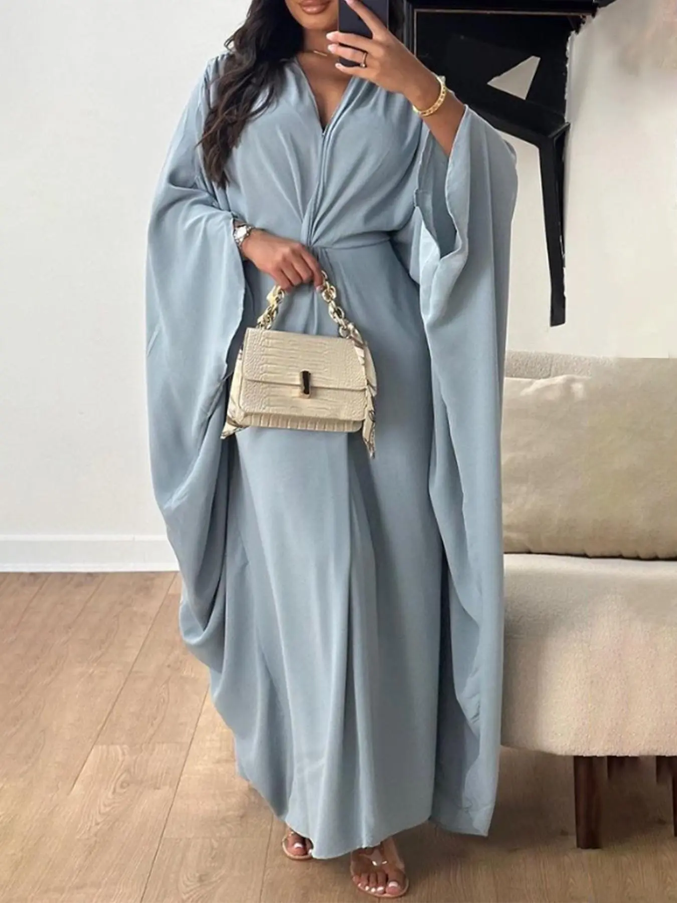 Women's Solid Color Batwing Sleeve V Neck Kaftan Dress, Casual Fashion Maxi Dress for Daily Outdoor Wear, Women Dress for Spring