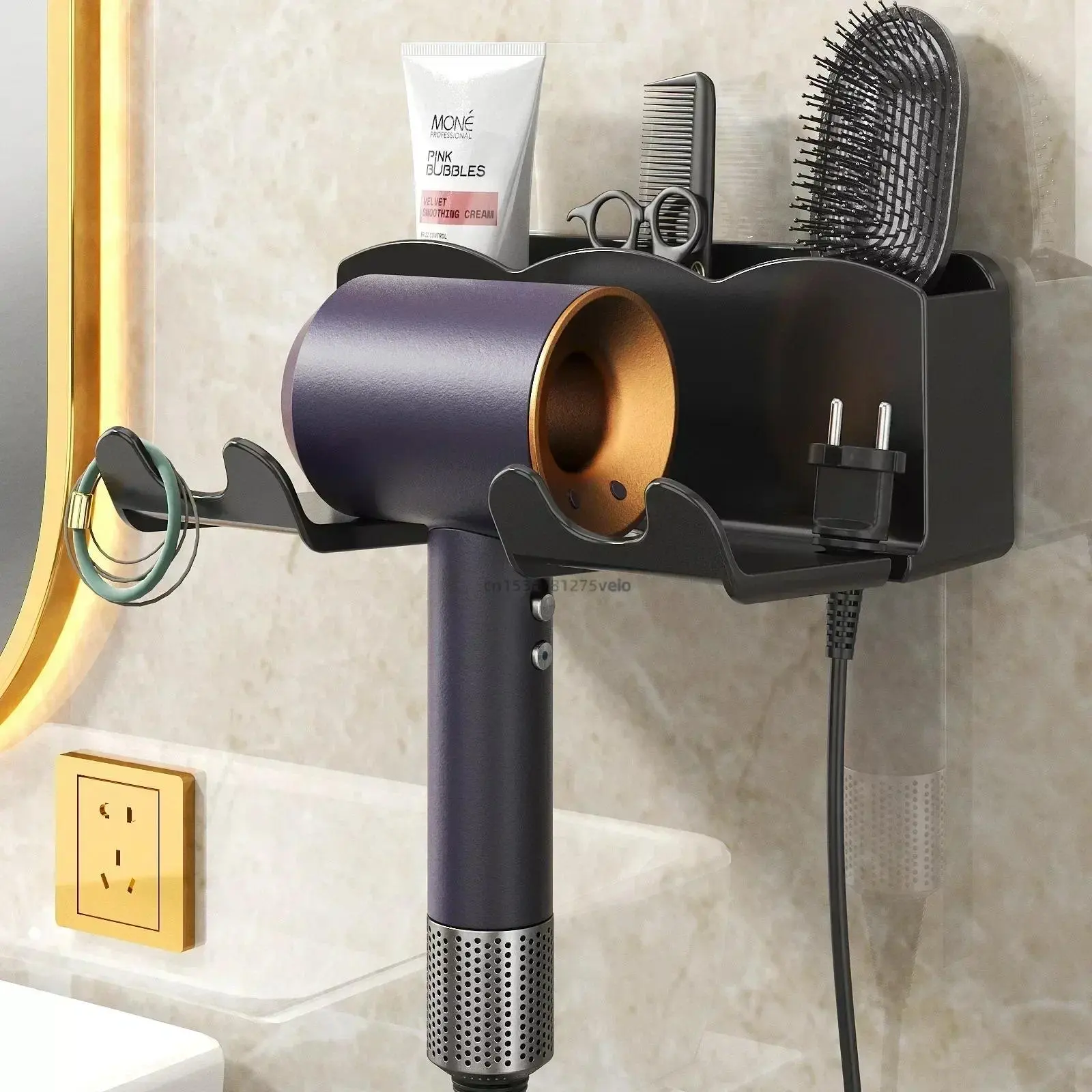 2024 Wall Mounted Hair Dryer Holder For Dyson Bathroom Shelf without Drilling Plastic Hair dryer stand Bathroom Organizer