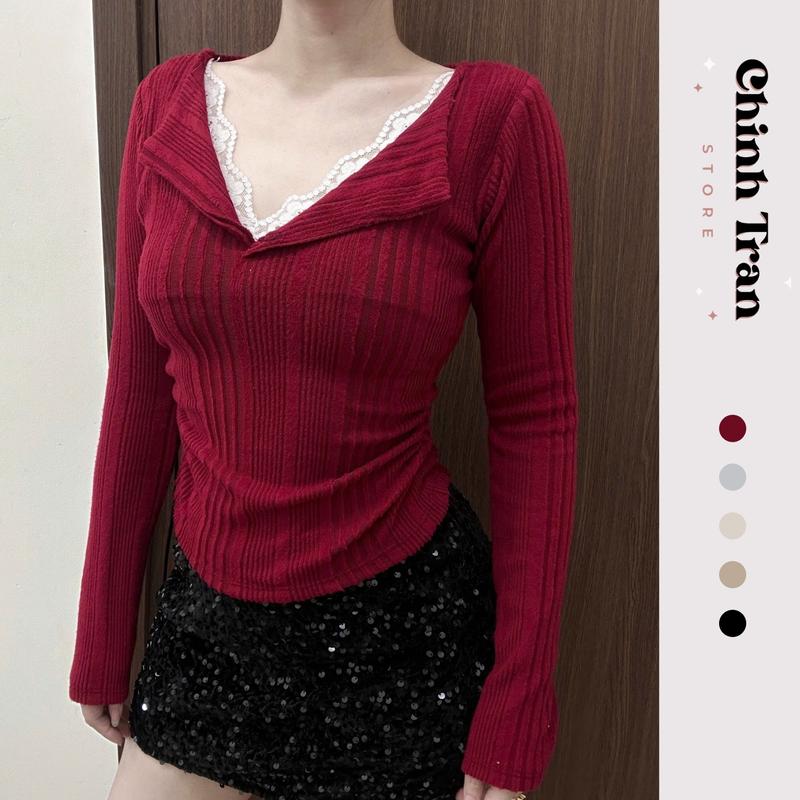 (XẢ KHO) Áo Len Cổ V Phối Viền Ren Cổ Dài Tay Chất Len Lông Sọc Đôi