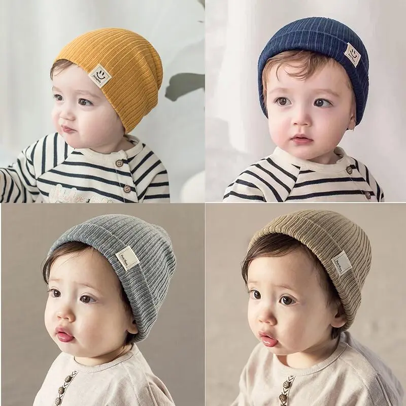 Simple Solid Color Children's Knitting Cute Smiling Face Pattern Autumn Winter Outdoor Warm Keeping Boys And Ggirls Wool Cap