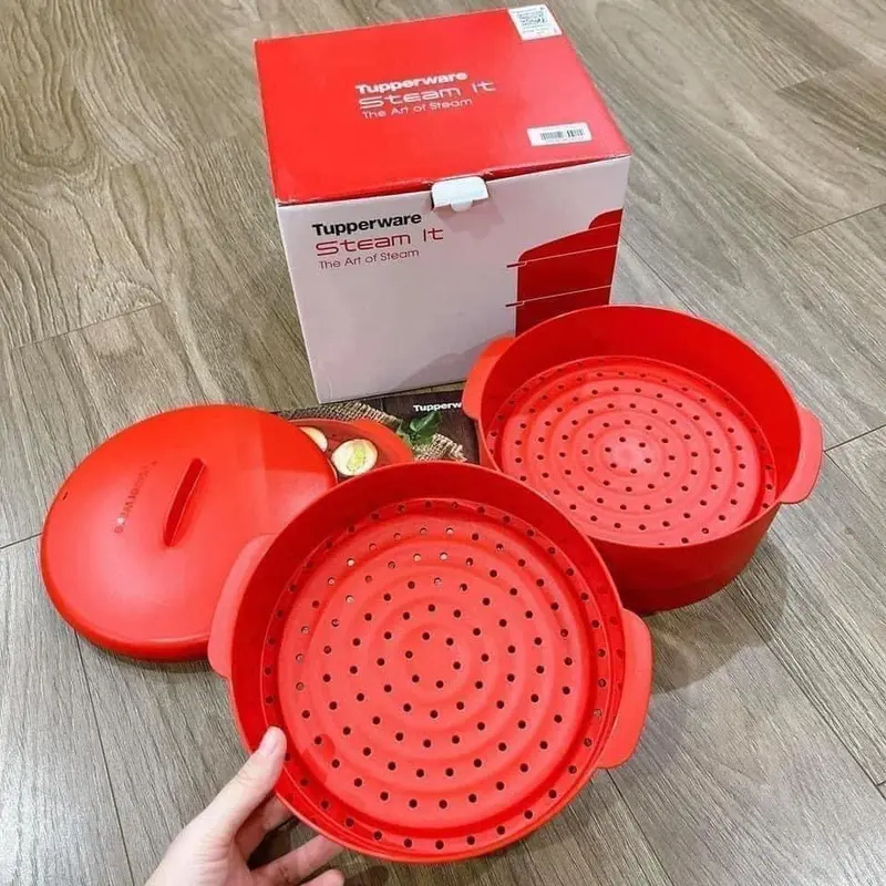 Xửng Hấp Tupperware Steam It 2 Tầng Màu Đỏ Thiết Kế Khít Chặt Khép Kín Tăng Áp Suất Hấp Chín Nhanh Dễ Dàng, lẻ 1 tầng xửng, lẻ nắp xửng 2