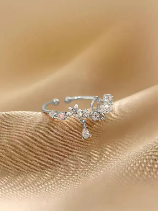 Elegant Rhinestone Inlaid Butterfly Design Cuff Ring As Valentine's Gift, Fashion All-match Accessories for Women & Girls, Matching Jewelry for Girlfriend 2
