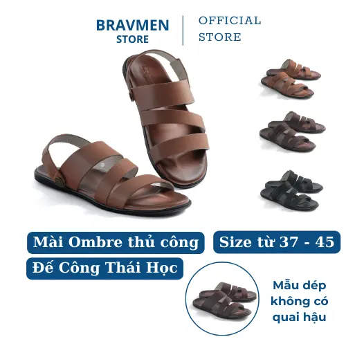 Dép da nam Công Thái Học, đế mài Ombre thủ công độc đáo, thiết kế quai 3 quai chính hãng  K01-BS01