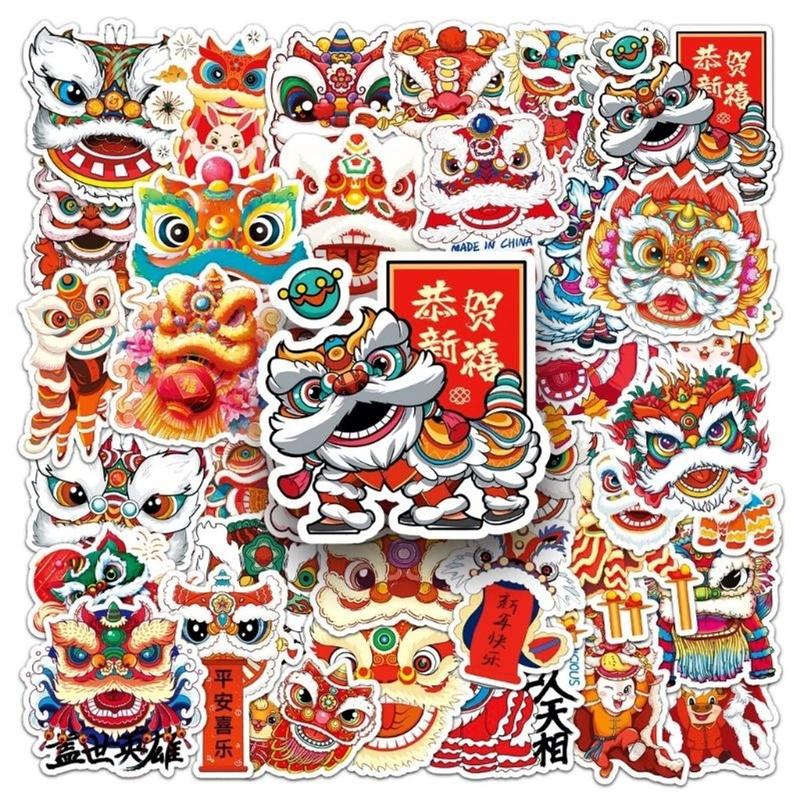 Set 10/30/ 50 sticker múa lân trung thu khai trương năm mới đầu lân dán nón mũ bảo hiểm laptop vali sổ tay đàn guitar điện thȯại xe máy tủ lạnh