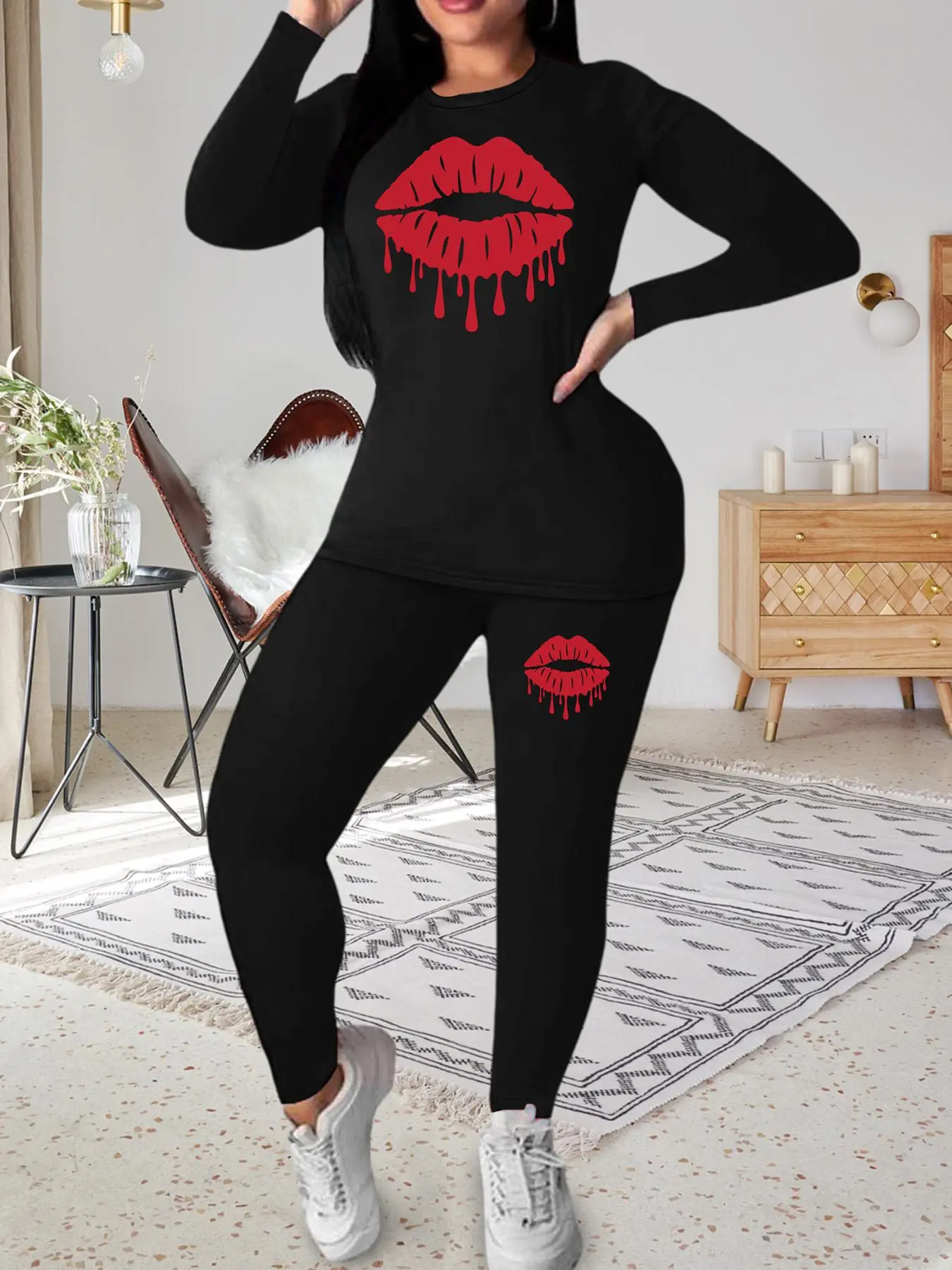 Two-Piece Set Women's Lip Print Long Sleeve Tee & Skinny Pants Suits Set, Graphic Round Neck Top & Leggings For Spring & Fall, Women's Lady Clothes For Daily Wear, Comfort Womenswear