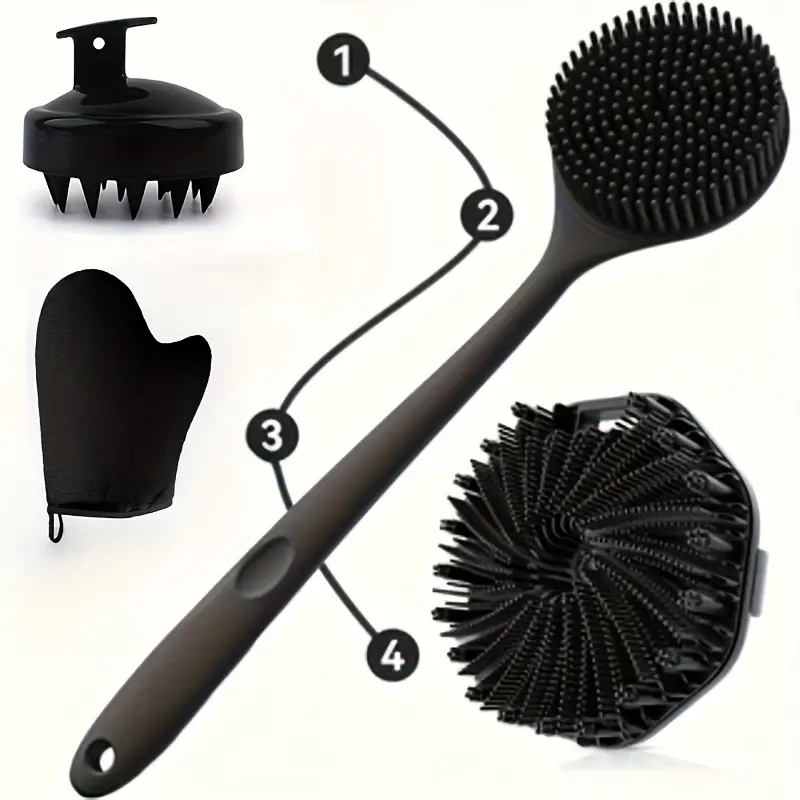4pcs Silicone Body Brush Set - Includes 1 Long Handle Back Scrubber, 1 Short Bath Brush, 1 Shampoo Brush, and 1 Lotion & Essential Oil Application Massage Glove. These Are Non-electric Handheld Body and Face Brushes with Anti-slip Handles, Powerful Cleani