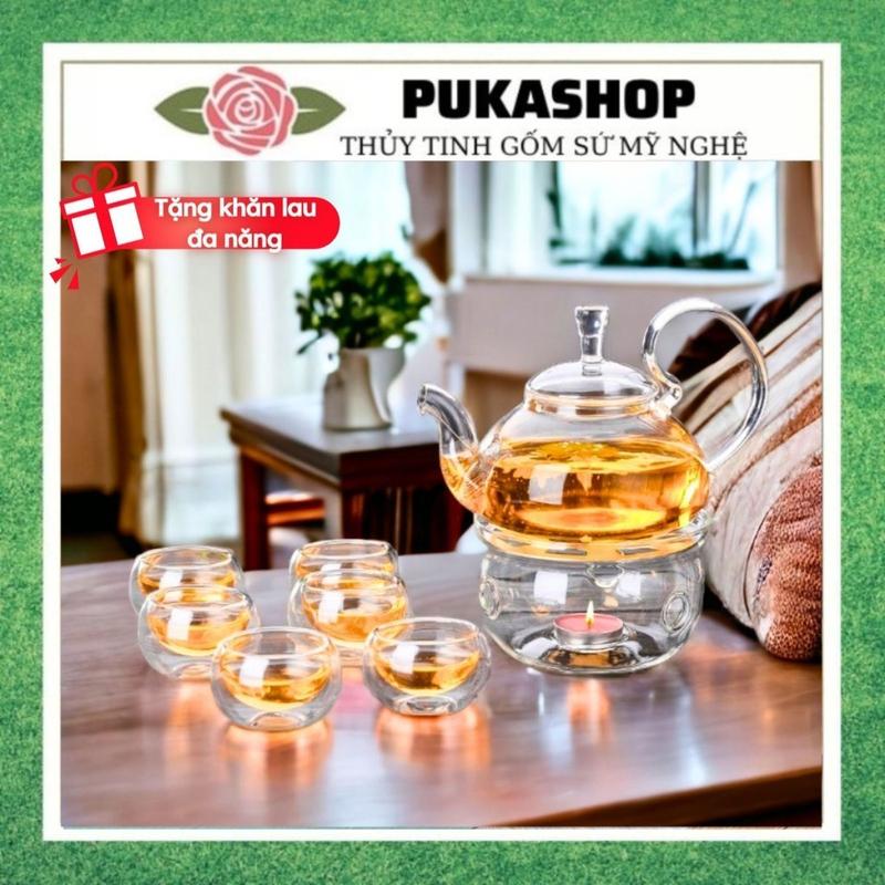 Bộ Ấm Trà Puka Bộ Ấm Pha Trà Thủy Tinh Chịu Nhiệt ĐUN TRỰC TIẾP TRÊN BẾP Kèm 6 Ly Và Đế Nến Thủy Tinh Lãng Mạn BAT21
