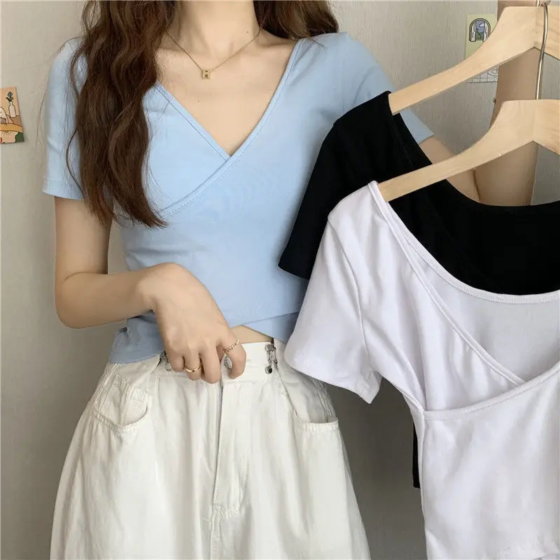 Áo Thun Nữ Ngắn Tay Cổ Tim Thiết Kế Vạt Chéo Nhún Eo Dáng Ôm Chất Vải Mềm Mịn Co Giãn 4 Chiều (SH46) 0