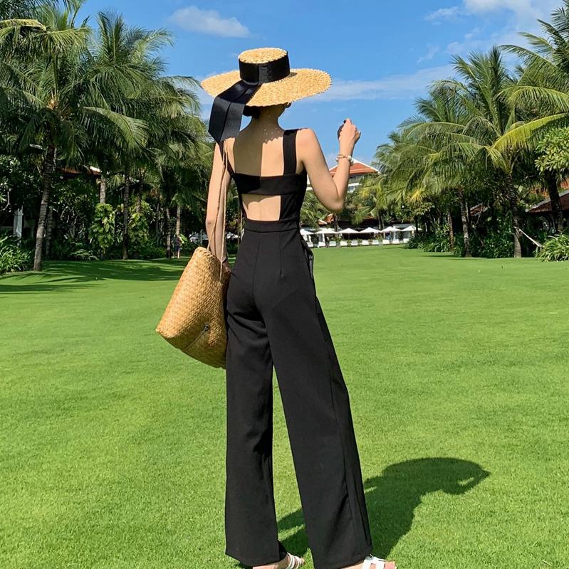 Product Introduction of Jumpsuit Women'S Black High Waisted Wide Leg Open Back Style Jumpsuit Loose Straight Leg Strap Pants 38