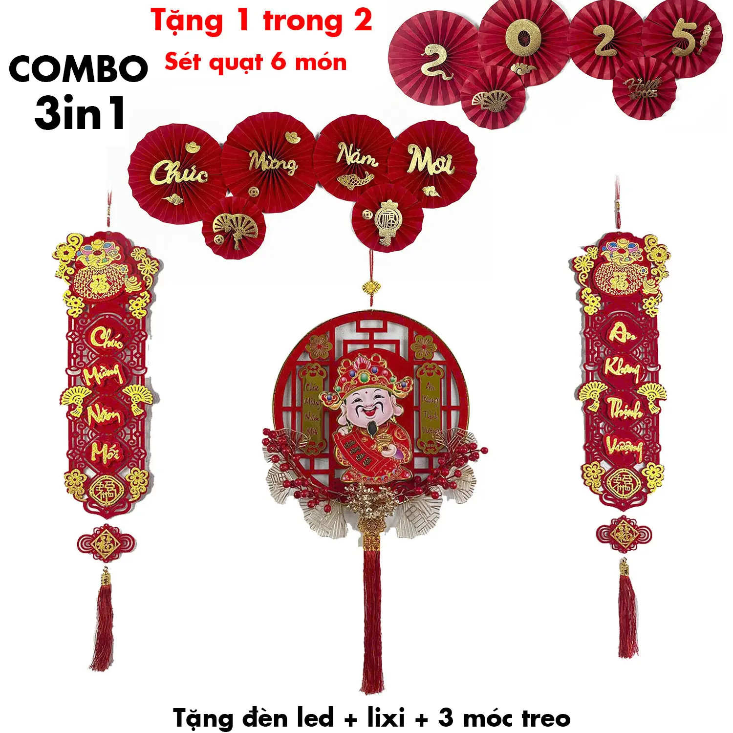Combo 3 in 1 món Đón Tết Ất Tỵ 2025 trang trsi phòng Tặng Đen Led + Móc Treo + Lixi