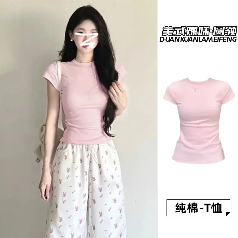 Áo Thun ngắn Tay Vai Thông Thường Dành Cho Nữ, Chất Liệu Cotton Nguyên Chất, Màu Hồng, Cổ Tròn, Dáng Ôm, Dáng Ôm, Màu Hồng, Thích Hợp Cho Mùa Hè 2025, Hàng Mới Về, Áo Quyến Rũ Và Dễ Thương