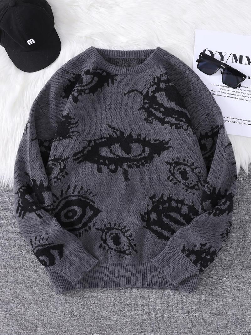 Product Introduction of Men's All Over Eye Print Drop Shoulder Sweater, Regular Fit Casual Long Sleeve Round Neck Jumper for Fall & Winter, Fashion Men's Knitwear for Daily Wear 2
