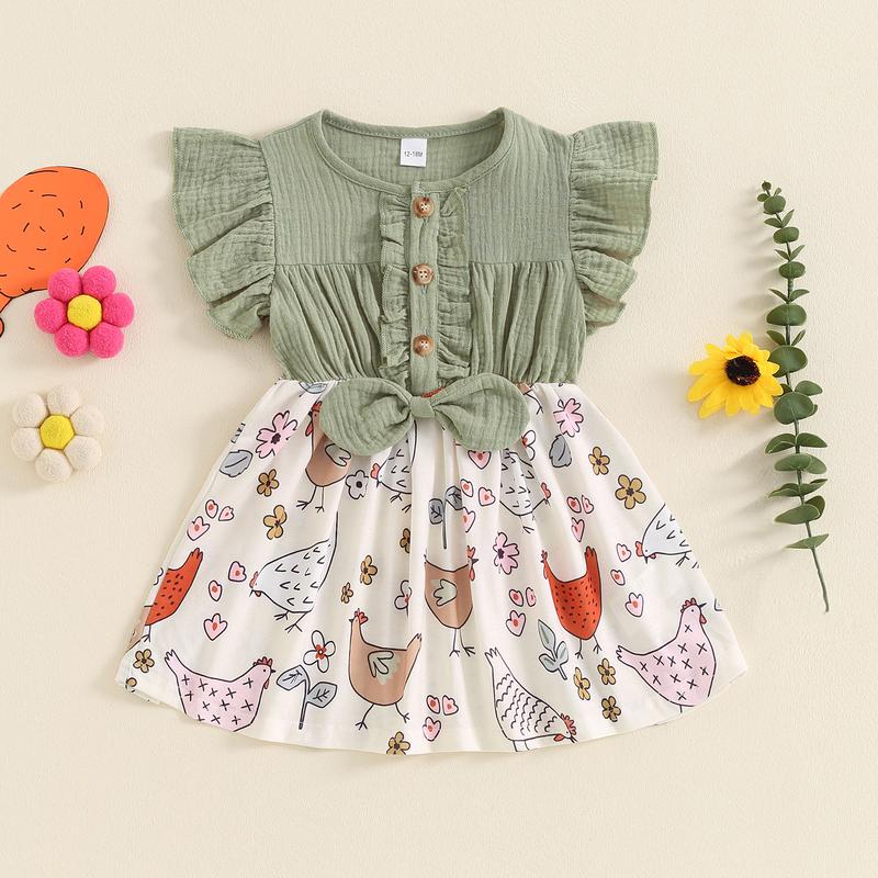 Product Introduction of Girls A-line Dress, Fly Sleeve Crew Neck Bow Chicken Print Casual Dress Summer Dress 39
