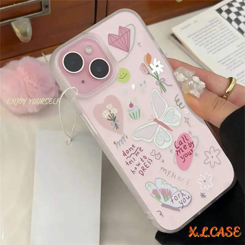 Creative Doodle Butterfly Flower letters Soft Case Compatible For iPhone 15 11 Pro Max 13 Pro Max XR 7Plus 12 14 Pro Max 7 X 8 Plus 14 15 Plus XS Max SE 2020 Shockproof Cover