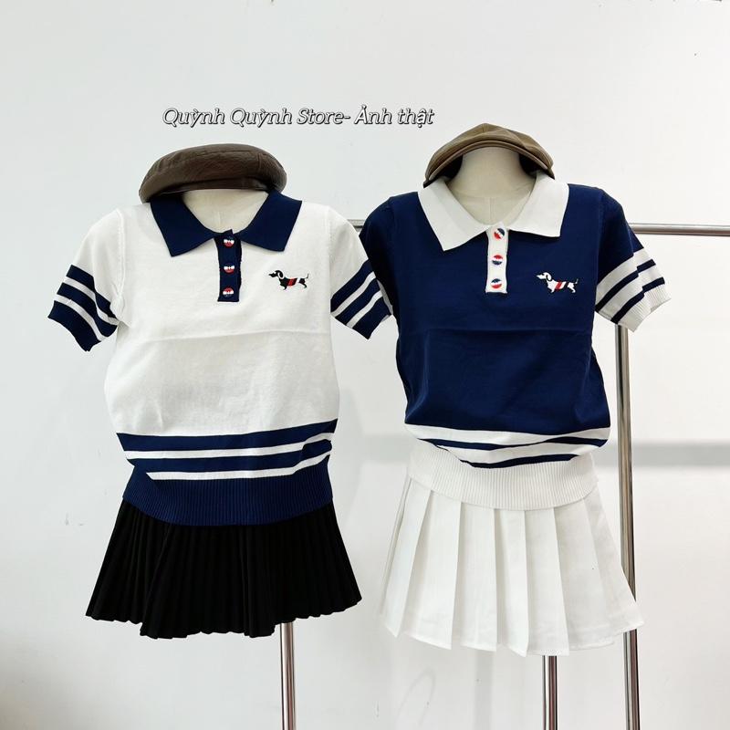 Áo Polo Phối Sọc Tay,Gấu,Chất Len Motogi,Hoạ Tiết Cún Thêu Hàng QC 2 Màu Trắng Than (104)