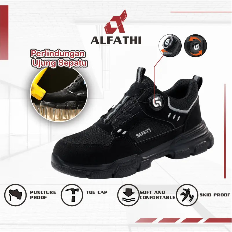 Alfathi Sepatu Safety Ori By Guyisa Ezra Black Tactical Anti Tusukan Non Slip Ujung Besi Bahan Kanvas Premium Kulit Sintetis Size 38-46 Sepatu Kerja Santai Import Steel Toe Kevlar Anti Smash Sol Karet Anti-Slip - Shoes